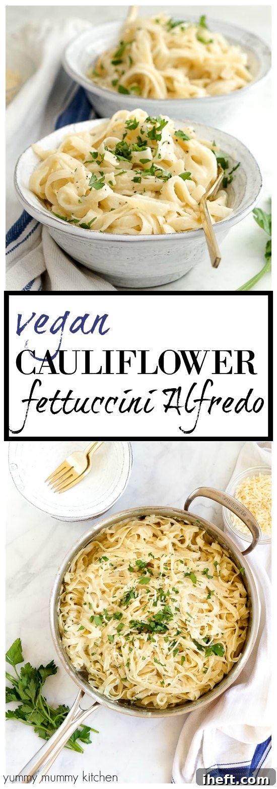 This vegan cauliflower fettuccini Alfredo is incredibly creamy and satisfying, and significantly healthier than its traditional counterpart! With a cauliflower base, this recipe is effortlessly made gluten-free. This delicious and easy recipe is featured in the Fuss-Free Vegan cookbook, making plant-based eating simple and delightful.