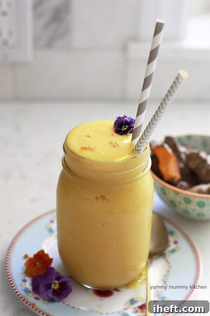 Bright and creamy citrus turmeric smoothie recipe, an excellent source of superfoods.