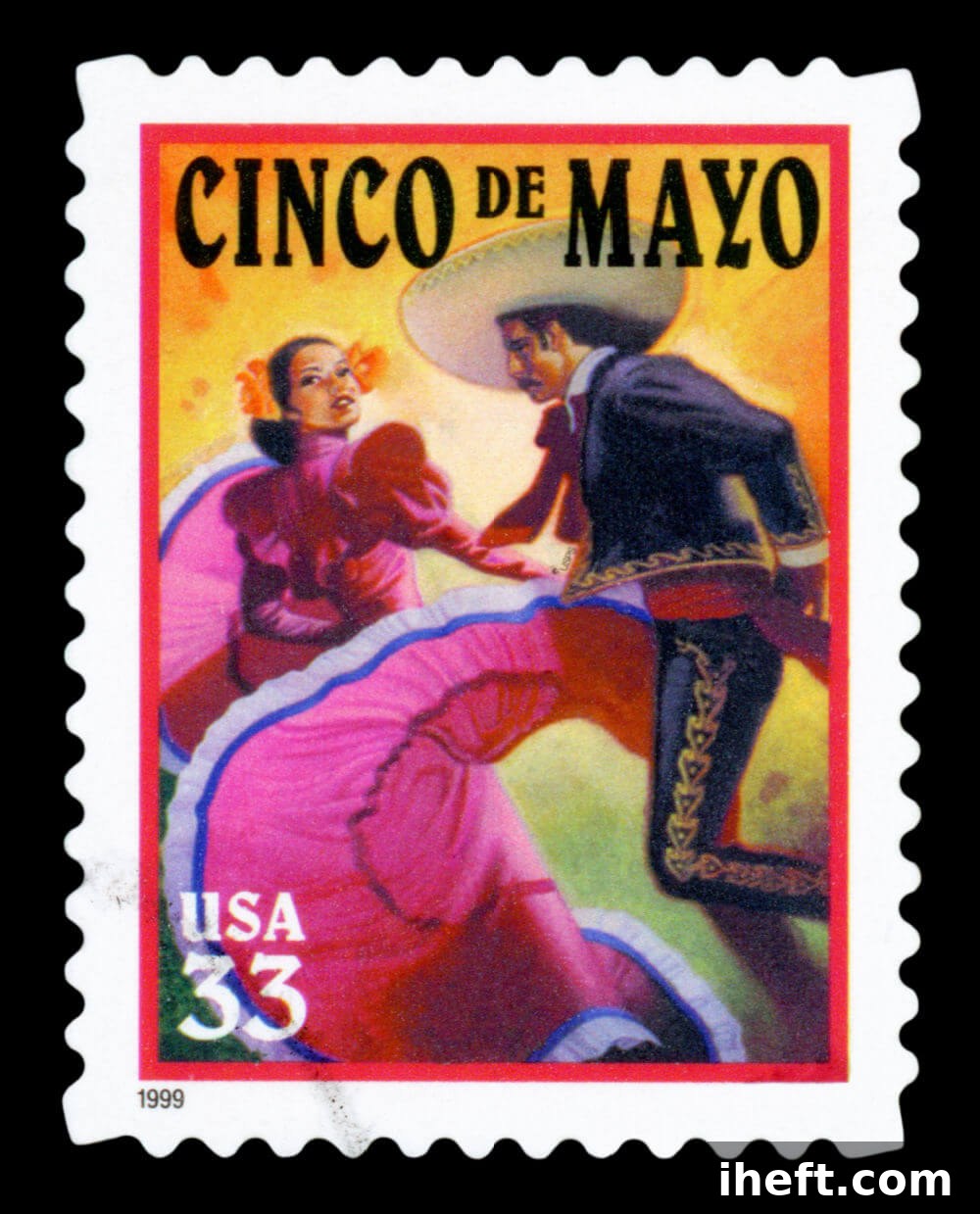 Vintage Cinco de Mayo stamp with dancers.