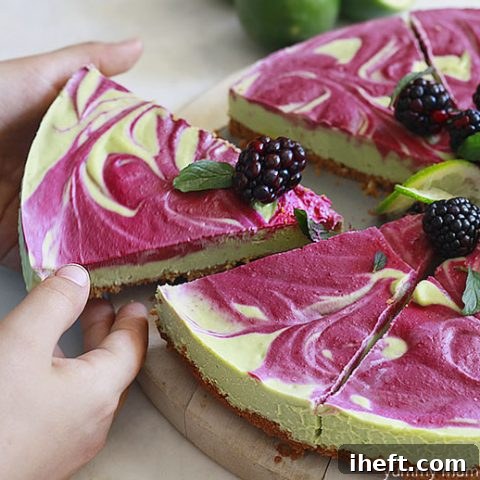 Lime pie with blackberry swirls