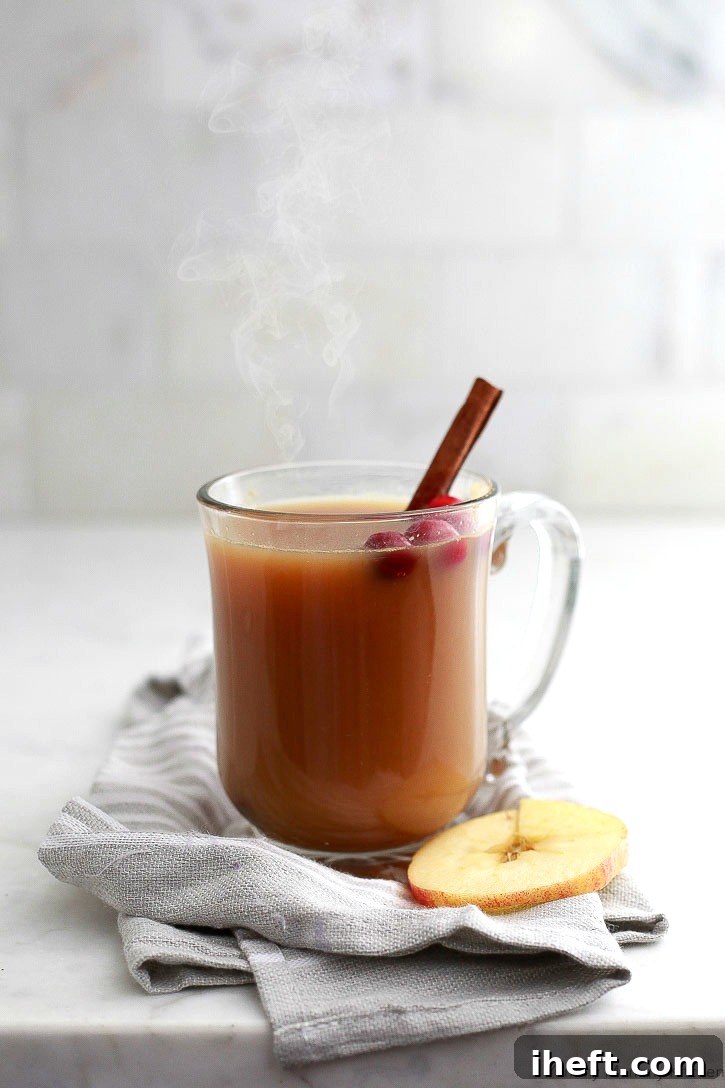 Delicious homemade apple cider, prepared either in a slow cooker or on the stovetop, presented in a mug and pitcher. Serve this versatile cider hot or cold.