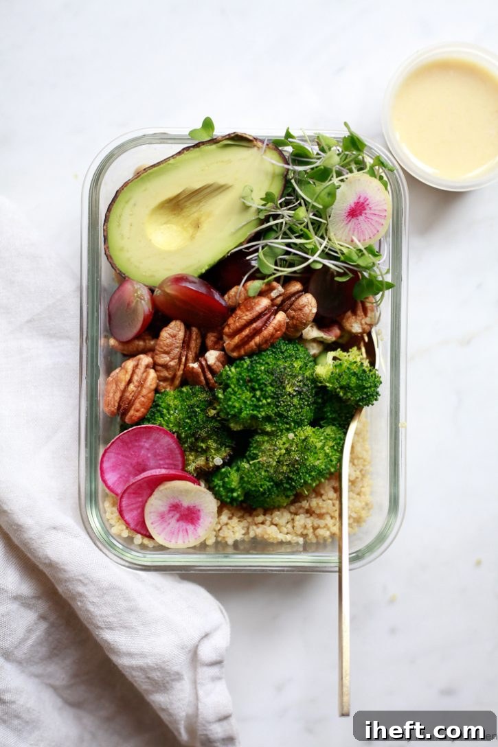 Vegan Meal Prep Bowls featuring quinoa, fresh broccoli, sweet grapes, crunchy pecans, and a creamy lemon dressing, perfect for healthy lunches.