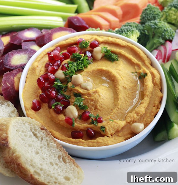 Close-up of creamy sweet potato hummus