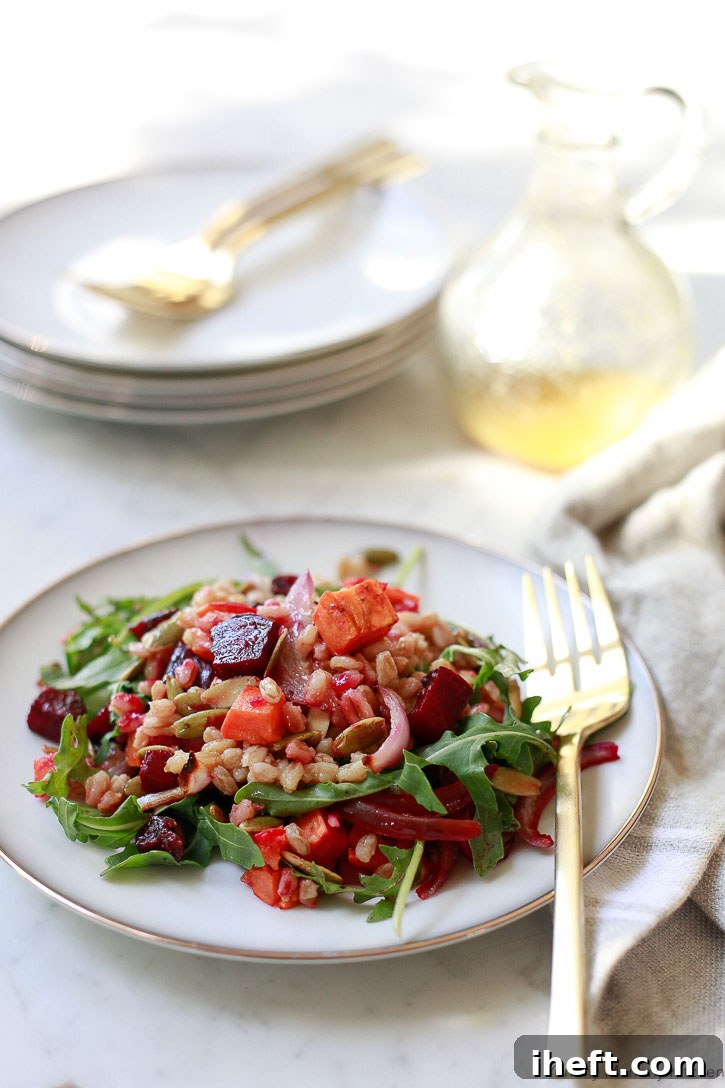 This farro salad with roasted veggies is the perfect autumn harvest salad, brimming with seasonal goodness and vibrant colors.