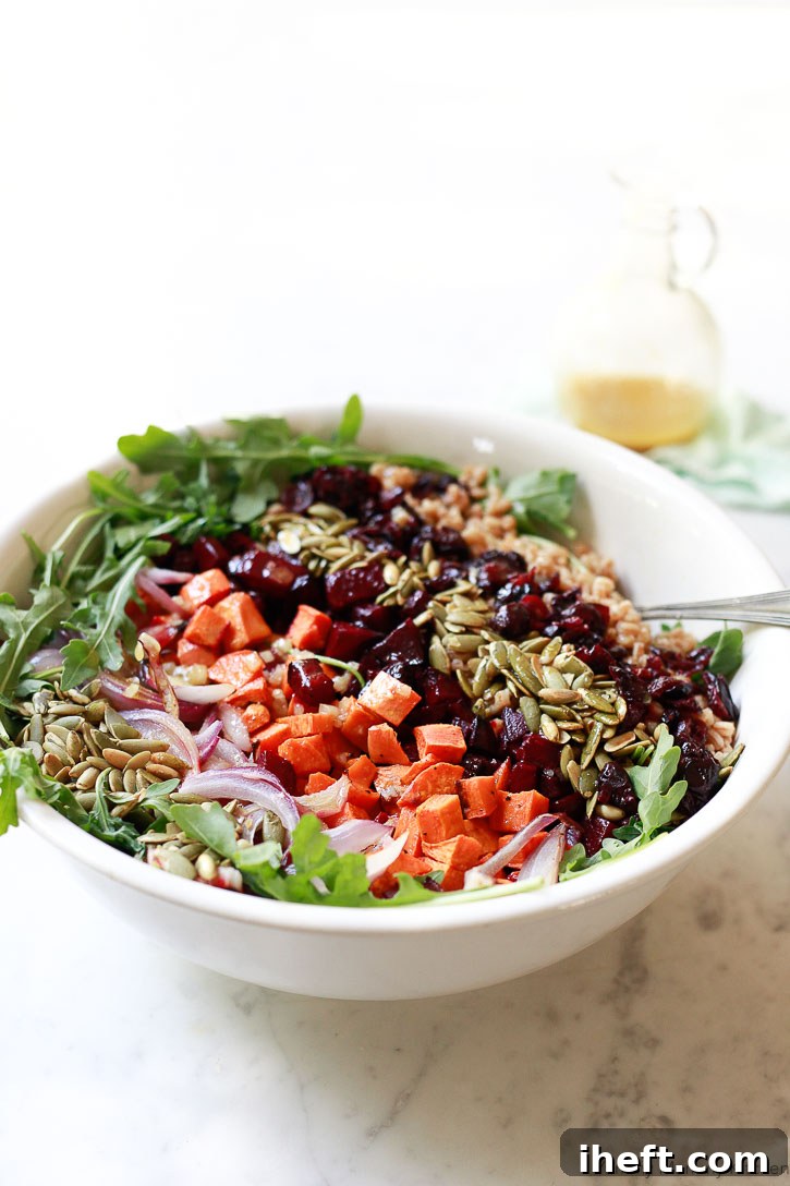 A vibrant autumn salad featuring chewy farro, fresh arugula, a medley of roasted vegetables, crunchy pepitas, and sweet-tart cranberries for a beautiful presentation.