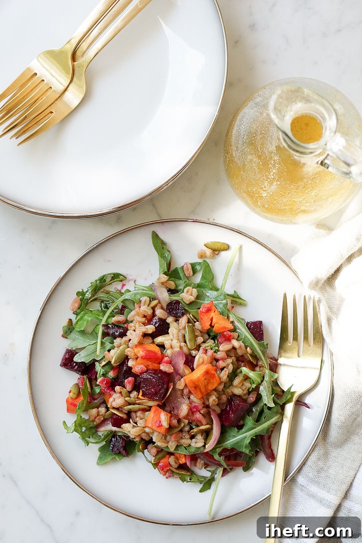 Apple cider vinaigrette with a salad of arugula, beets, sweet potato, and farro. 