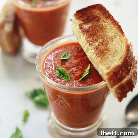 A beautifully presented bowl of creamy tomato basil soup, garnished with vibrant fresh basil leaves, ready to be served.