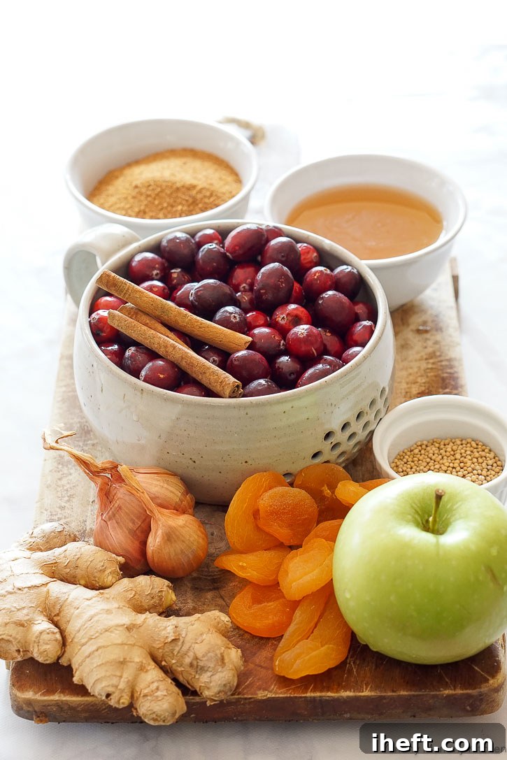 Homemade cranberry chutney is made with fresh or frozen cranberries, ginger, apple, orange, apricots, and spices for a rich flavor profile.