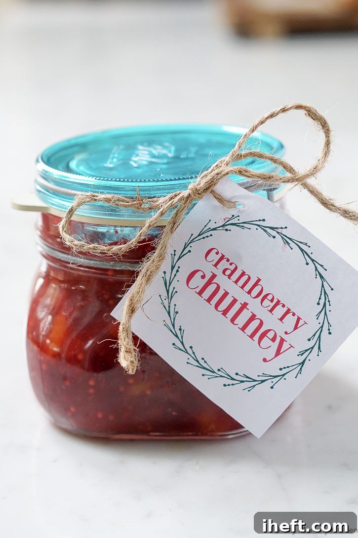 Cranberry chutney makes a beautiful homemade holiday gift, perfect for sharing. Get the recipe and free printable labels to personalize your jars.
