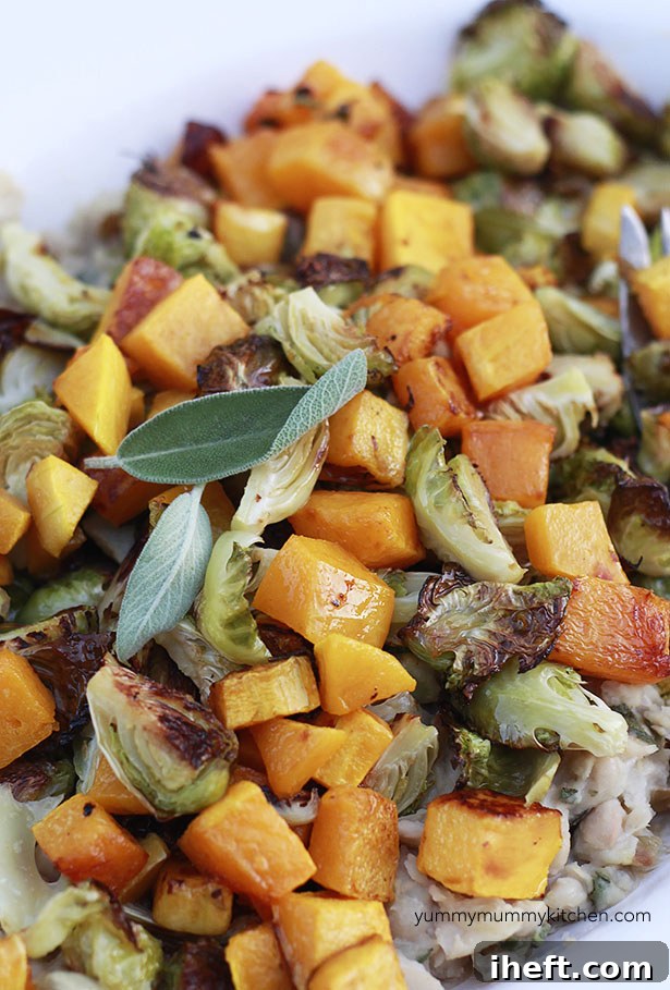 Roasted butternut squash and Brussels sprouts beautifully arranged on top of a bed of creamy white cannellini bean mash, creating a vibrant and appetizing meal.