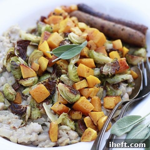 White Bean Mash with Roasted Brussels Sprouts and Butternut Squash
