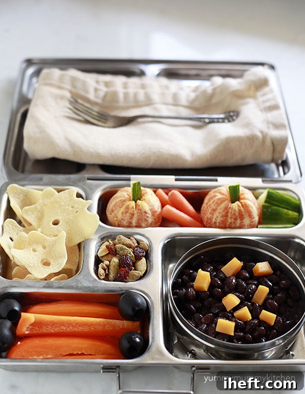 Creative Halloween-themed lunch idea packed in a PlanetBox for kids
