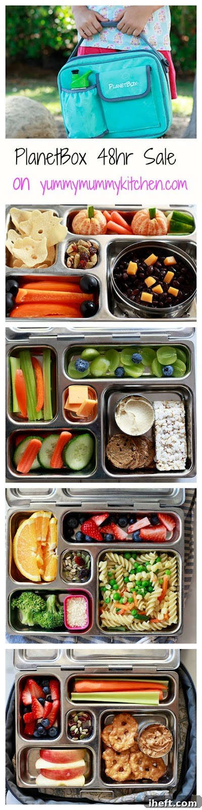 PlanetBox Rover lunchbox with various healthy snacks and coupon code banner