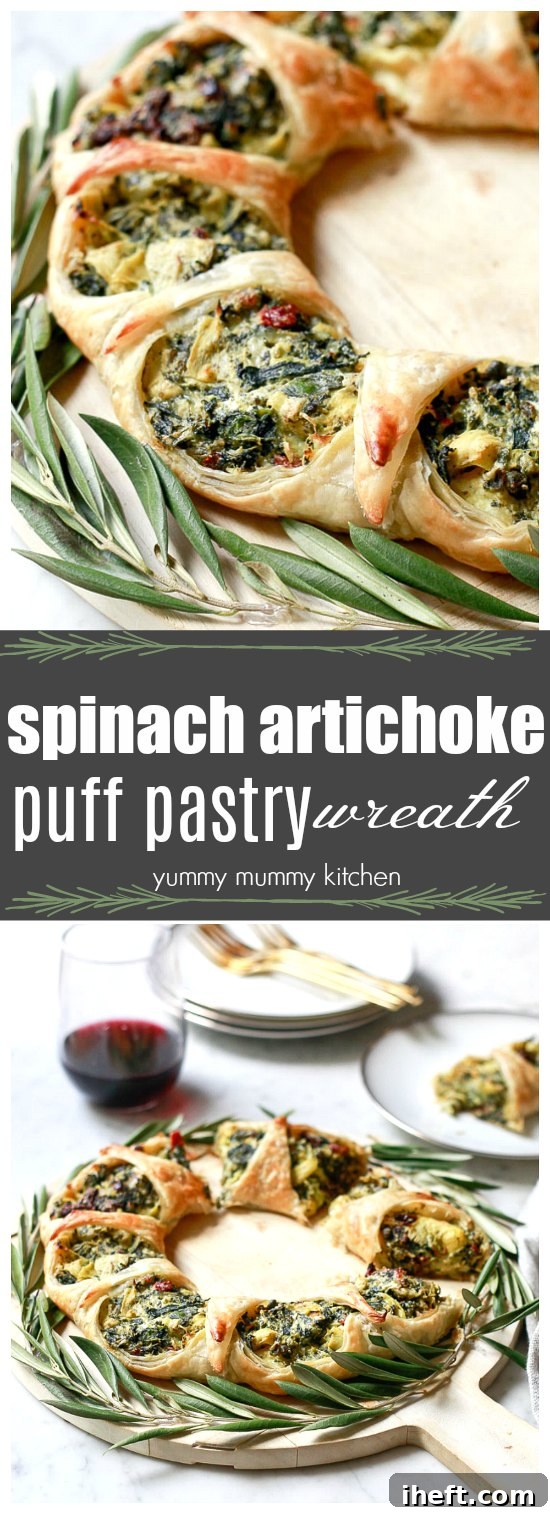 Spinach Artichoke Puff Pastry Wreath close up on serving board