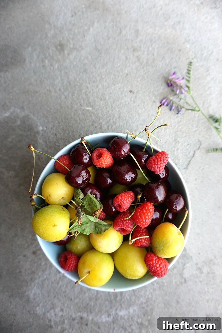 A bowl of beautiful summer fruit from Tuscany Italy. 