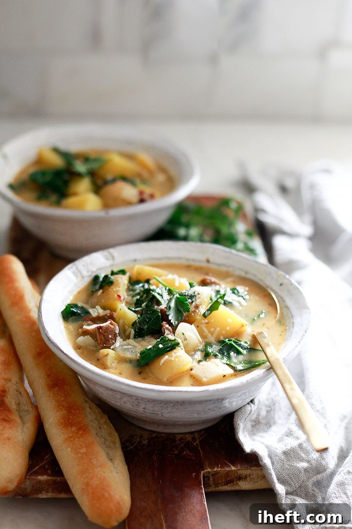 Olive Garden Zuppa Toscana with veggie sausage, potatoes, kale, and coconut milk is an easy dinner recipe.