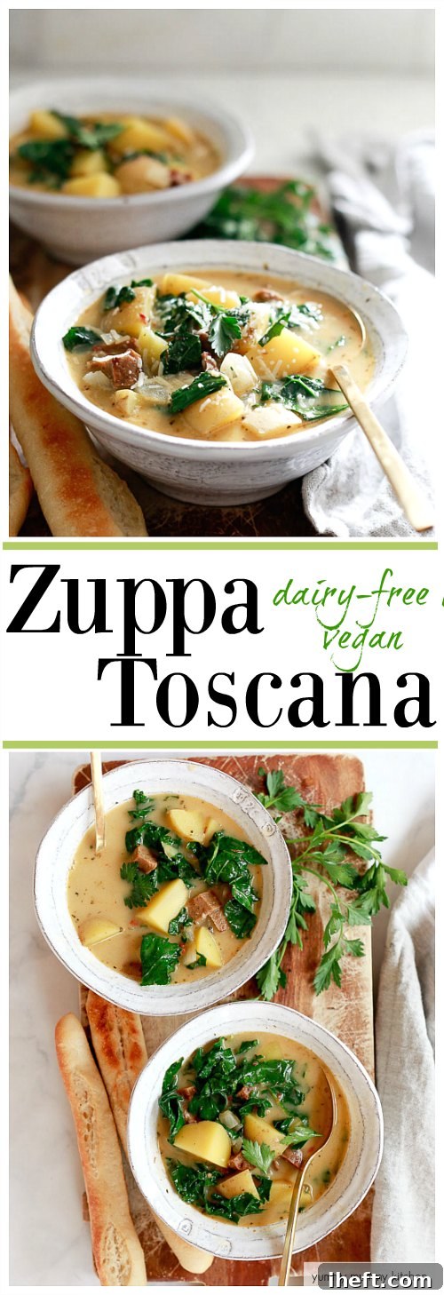 This healthier version of Zuppa Toscana is inspired by Olive Garden's famous recipe. Zuppa Toscana soup is an easy one-pot dinner recipe. #vegan #dairyfree #zuppatoscana