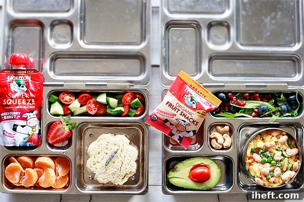 A close-up of a Planetbox lunch container with various healthy snacks, including organic fruit snacks.