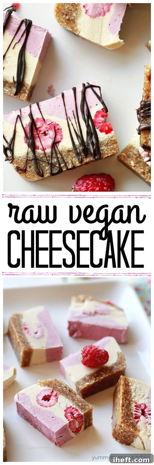 Beautiful raw vegan raspberry cheesecake sliced drizzled with chocolate. I love this natural cashew based cheesecake with date and nut crust. It makes such a delicious vegan treat. 