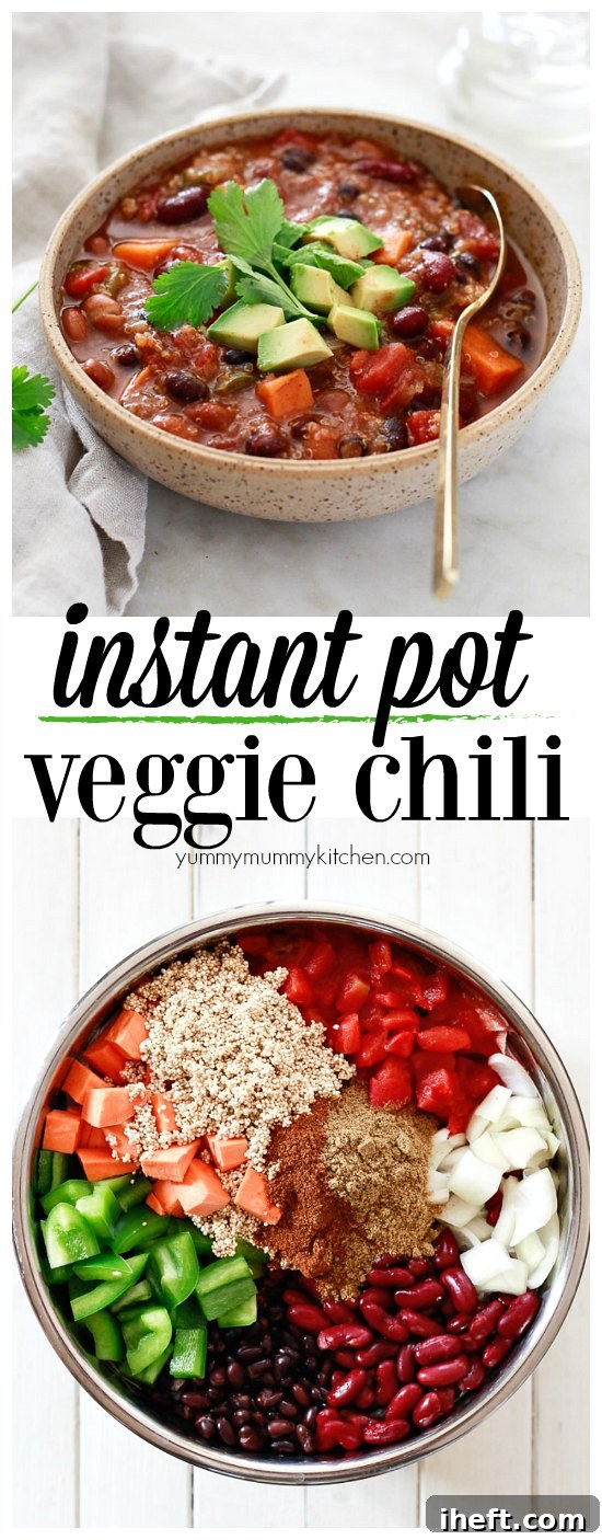 This Instant Pot vegetarian chili is loaded with quinoa, sweet potato, and beans, offering a delicious and wholesome meal. It's incredibly easy to prepare in a pressure cooker or slow cooker, making it naturally vegan, vegetarian, and gluten-free. Chili makes a wonderful, simple vegetarian and vegan dinner idea.