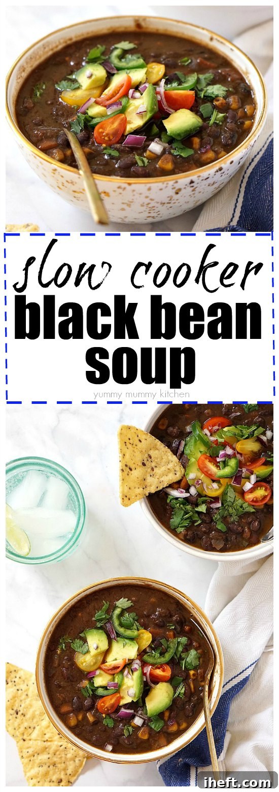 This easy vegetarian and vegan black bean soup is incredibly simple to prepare in the slow cooker, making it a perfect meal for any day of the week.