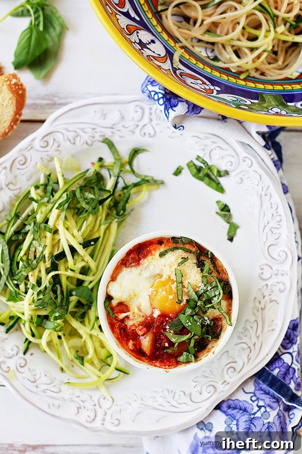 An overhead photo of a ramekin with an Italian baked egg with tomato sauce - Eggs in Purgatory.