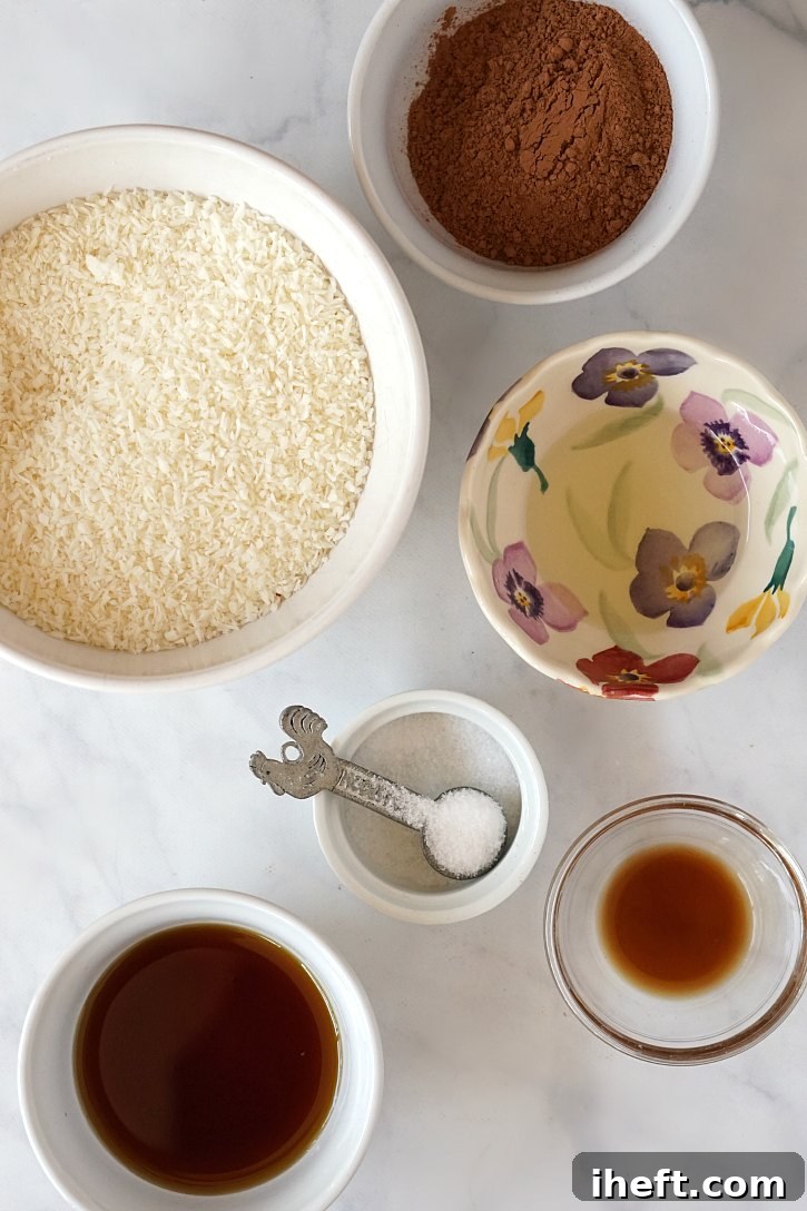 Essential ingredients for delicious chocolate coconut macaroons, simple and wholesome!