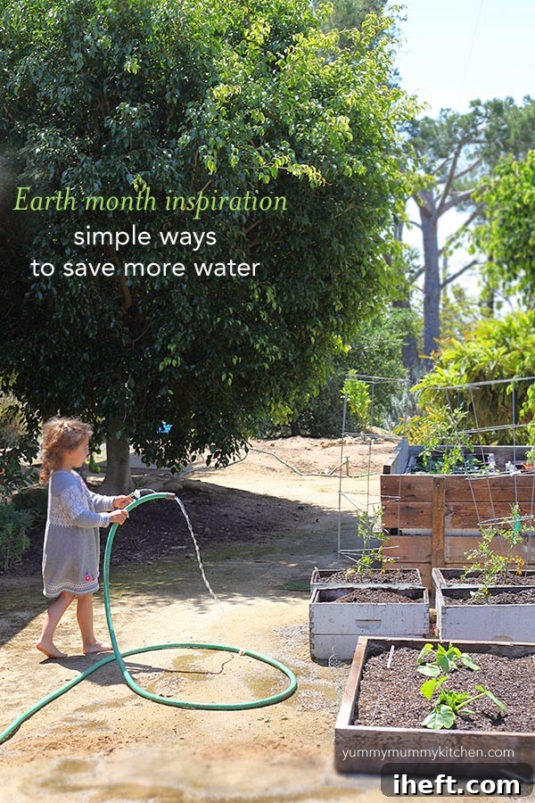 A young girl joyfully watering a vibrant vegetable garden with a green hose, illustrating mindful and efficient water use in home gardening.