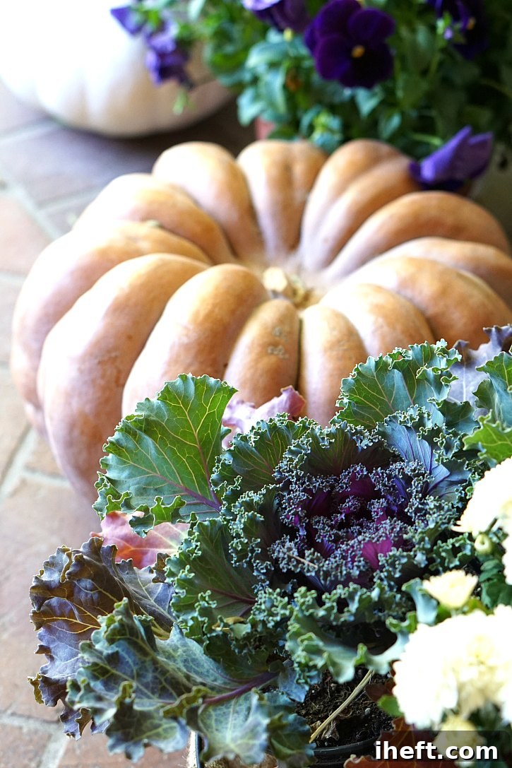Heirloom pumpkins, kale, and pansies create a beautiful and colorful fall front porch display.