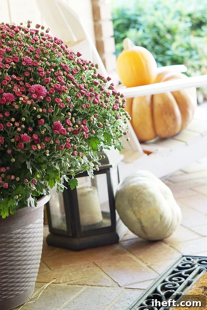 Mums, lanterns, pumpkins, and more fall front porch ideas and inspiration for a welcoming autumn display.