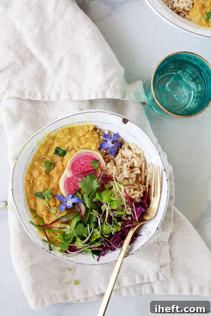 A bowl of creamy vegan Red Lentil Masoor Dal, visibly made with coconut milk, garnished with fresh herbs and delicate purple borage flowers.