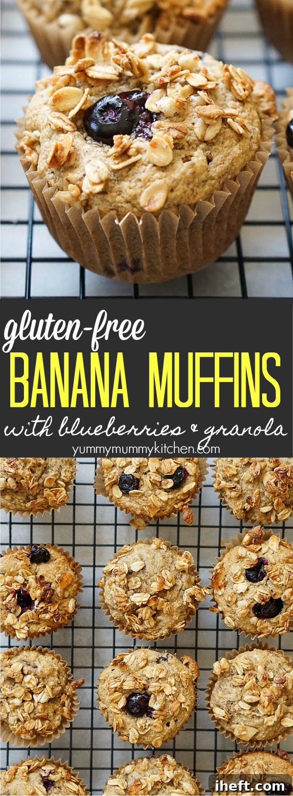 Healthy gluten-free vegan banana muffins made with nutritious ingredients like homemade oat flour, natural maple syrup, flax meal, and coconut oil. These wholesome muffins are enhanced with fresh blueberries and topped with crunchy granola for an extra delicious and satisfying breakfast or snack.
