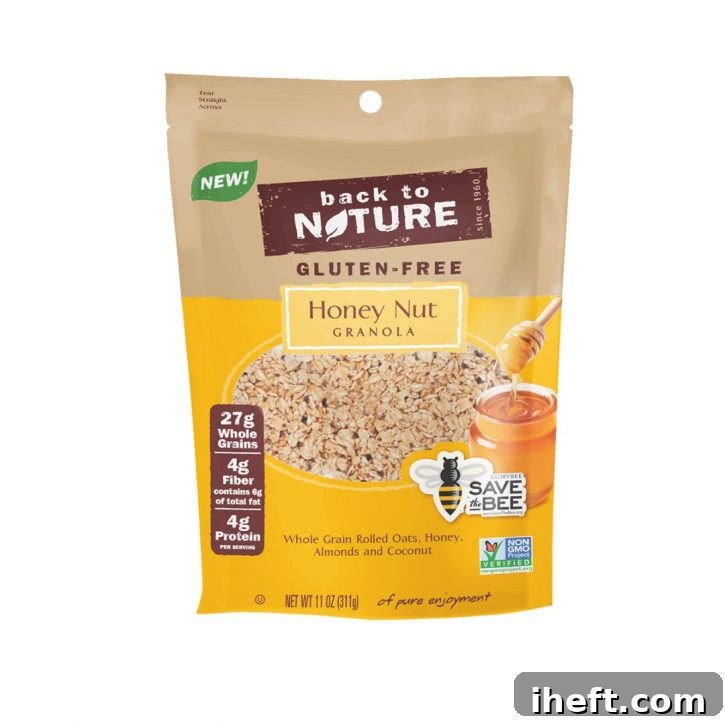 A sealed bag of Back To Nature Gluten-Free Honey Nut Granola, showcasing the product packaging and brand.