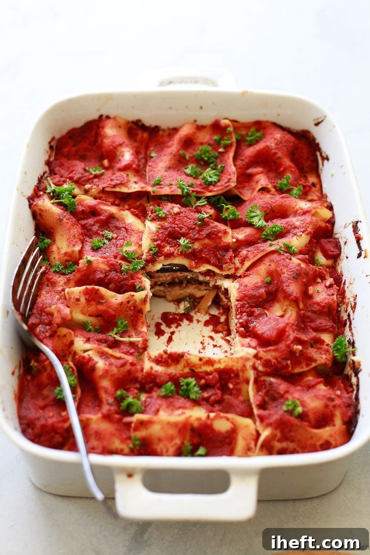 A beautifully baked vegan vegetable lasagna, rich with layers of tender eggplant, visible in a ceramic casserole dish, fresh from the oven and glistening with sauce.
