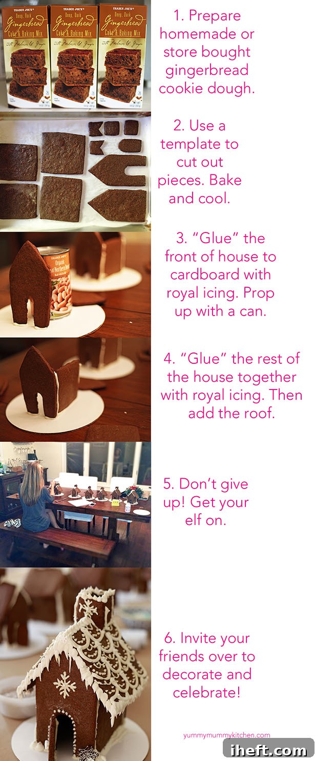 Close-up of an assembled gingerbread house, beautifully structured with royal icing