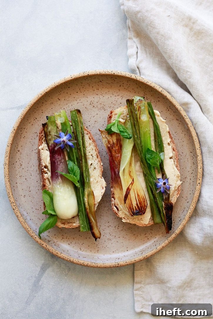 Grilled spring onions on toast with hummus, basil, and edible borage flowers.