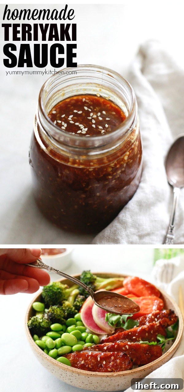A stunning vertical shot displaying a clear jar of homemade teriyaki sauce next to fresh, wholesome ingredients like pineapple, ginger, and garlic, emphasizing its natural appeal. This healthy, Hawaiian-inspired teriyaki sauce recipe is effortlessly made in a blender and is easy to customize as vegan and gluten-free, making it perfect for stir-fries, various vegetables, or any Japanese-inspired dish you can imagine.