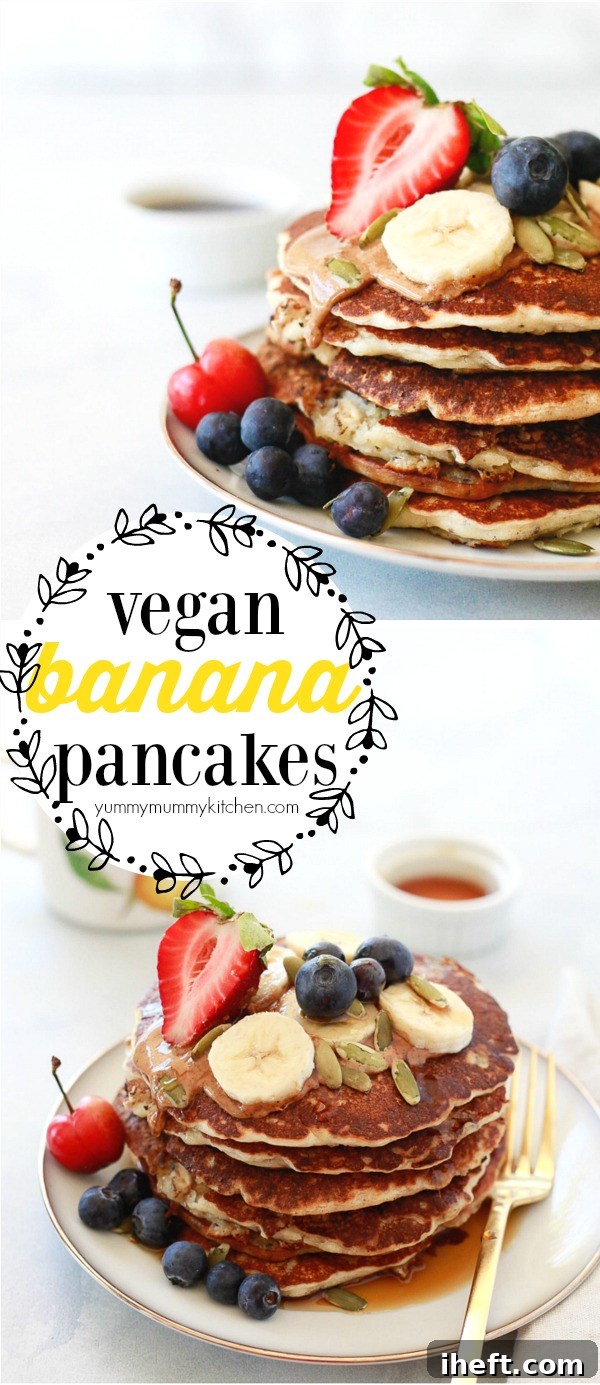 A stunning final shot of easy vegan banana pancakes made with wholesome oats and chia seeds, beautifully topped with rich almond butter, a colorful array of fresh berries, and crunchy pepitas. These one-bowl banana pancakes are highlighted as a perfect plant-based vegan breakfast or brunch, subtly emphasizing that their dairy-free, egg-free, and gluten-free nature is completely undetectable in their delicious taste.