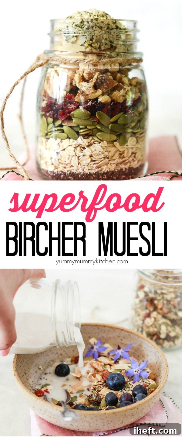 This easy superfood Bircher Muesli recipe makes a beautiful homemade edible gift and a wonderfully healthy breakfast. Muesli can be eaten hot or cold and conveniently made the night before. This superfood muesli is loaded with chia, hemp, and pumpkin seeds, along with oats, dried fruit, and nuts. It's an excellent healthy vegan and gluten-free breakfast idea.