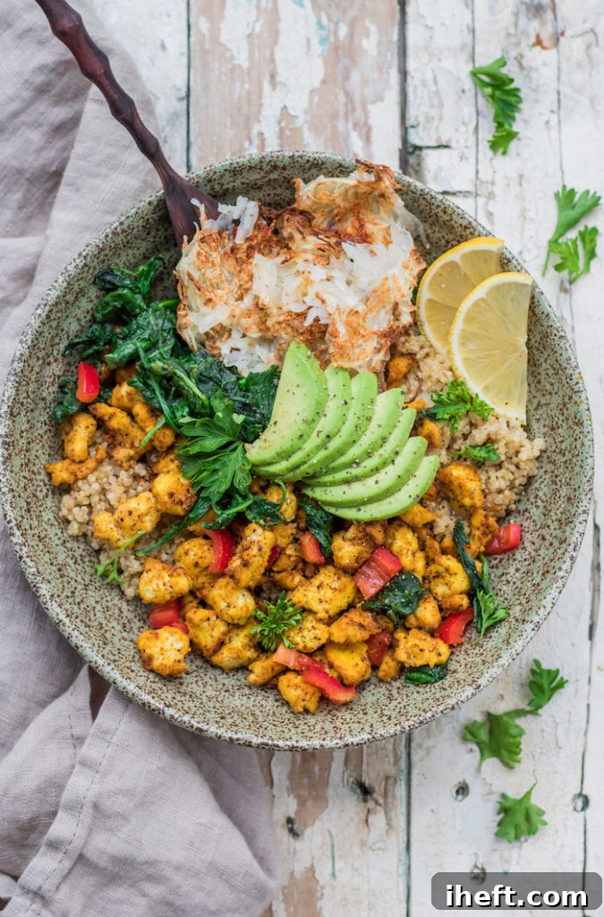 A colorful and nutritious farmers market vegan breakfast bowl, packed with fresh ingredients.