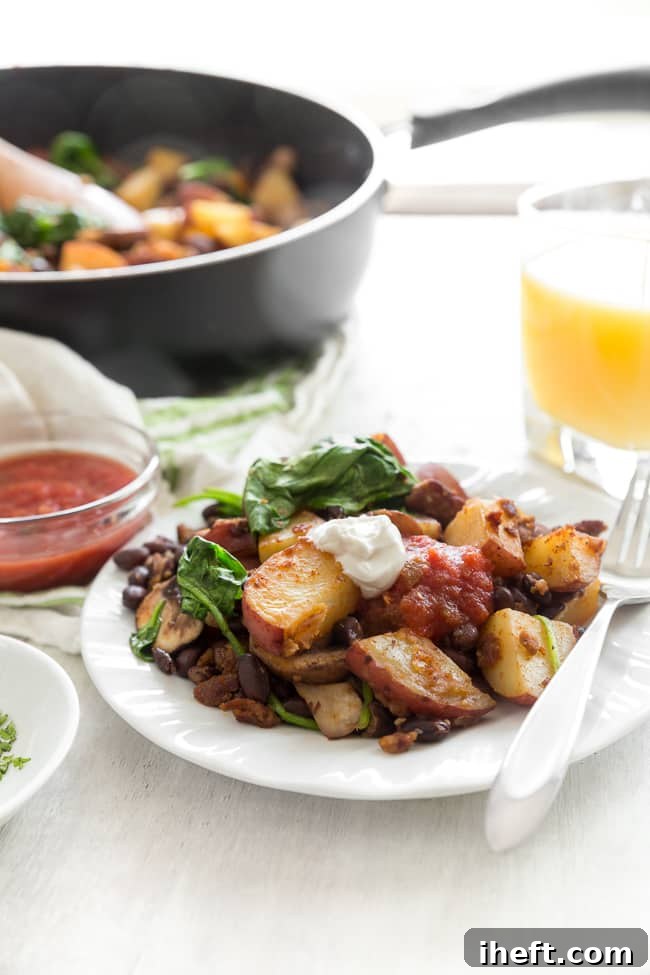 A hearty and flavorful vegan breakfast hash packed with vegetables and savory spices.