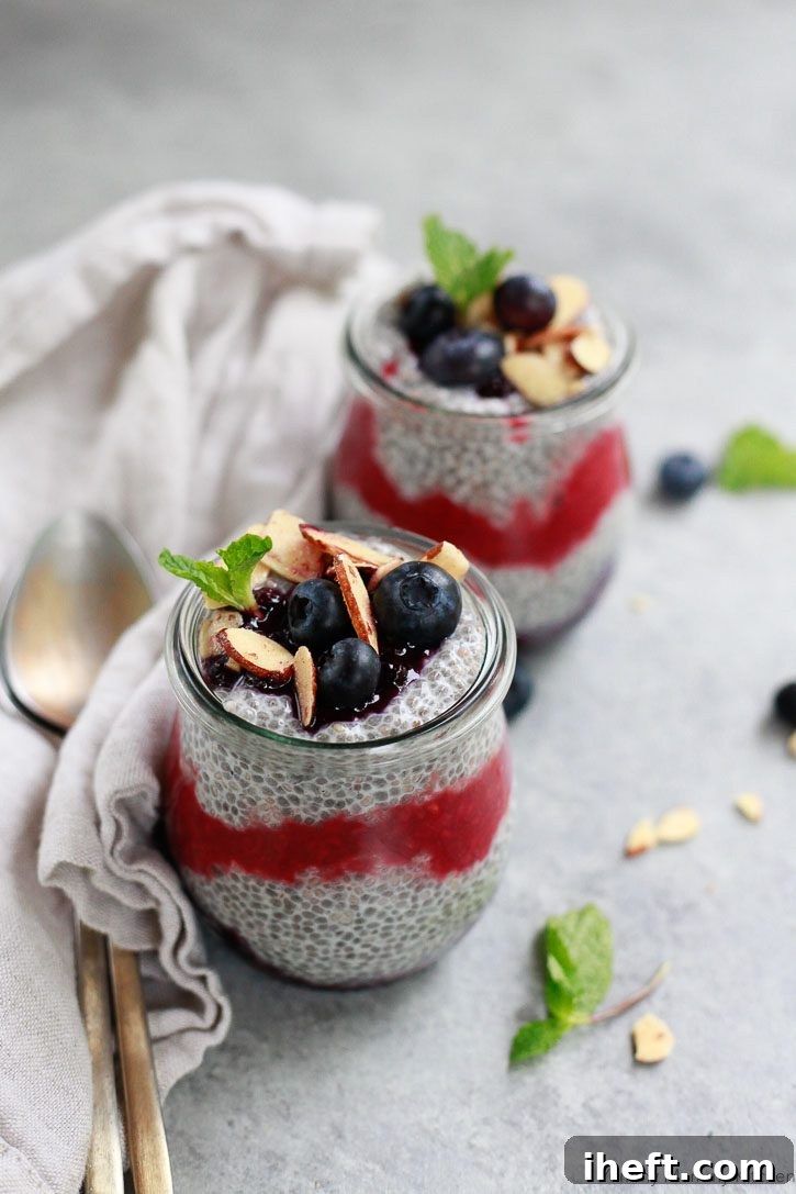 A colorful bowl of chia pudding topped with stewed berries and fresh mint.