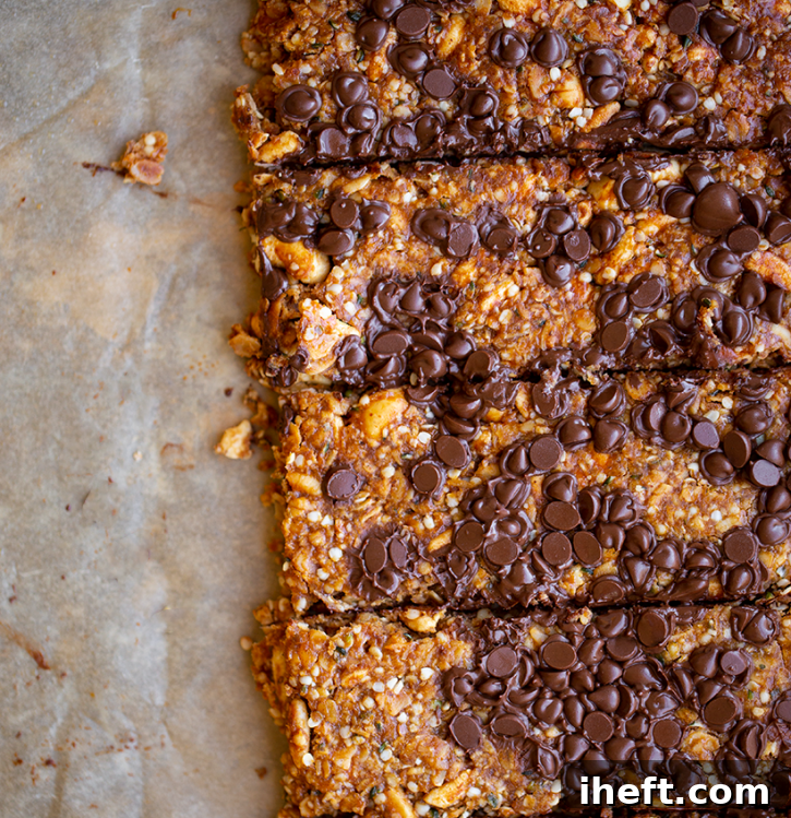 Delicious chewy hemp-nut granola bars with chocolate chips, a healthy and satisfying snack.