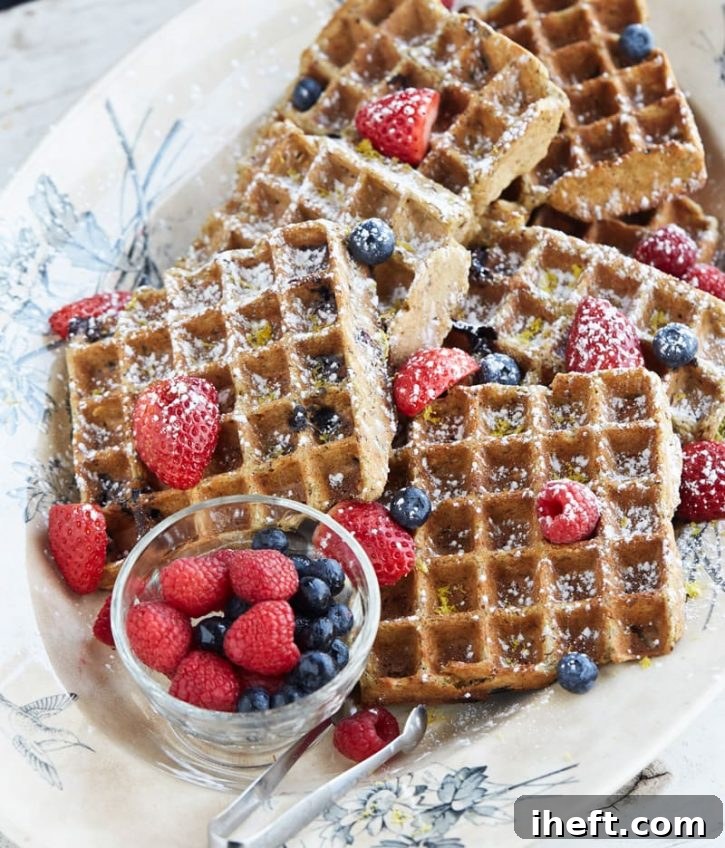 Crisp gluten-free lemon blueberry Belgian waffles, a refreshing and fruity breakfast option.