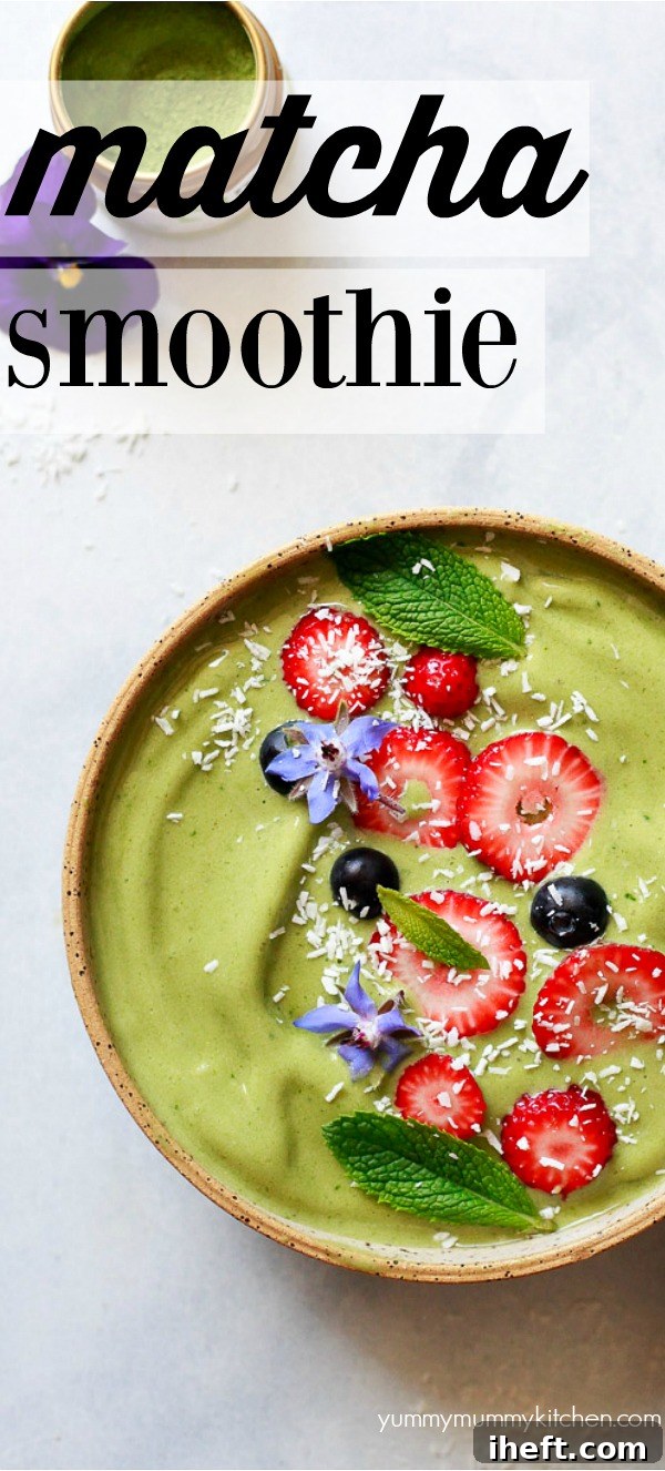 An easy matcha green tea smoothie or smoothie bowl recipe made with matcha powder, almond milk, chia and banana or no banana. Top with smoothie bowl with berries and coconut. This delicious detox green smoothie is healthy and energizing and perfect for breakfast or an afternoon snack. Matcha may support weight loss and metabolism. This matcha smoothie is natural, vegan, gluten-free, and paleo.