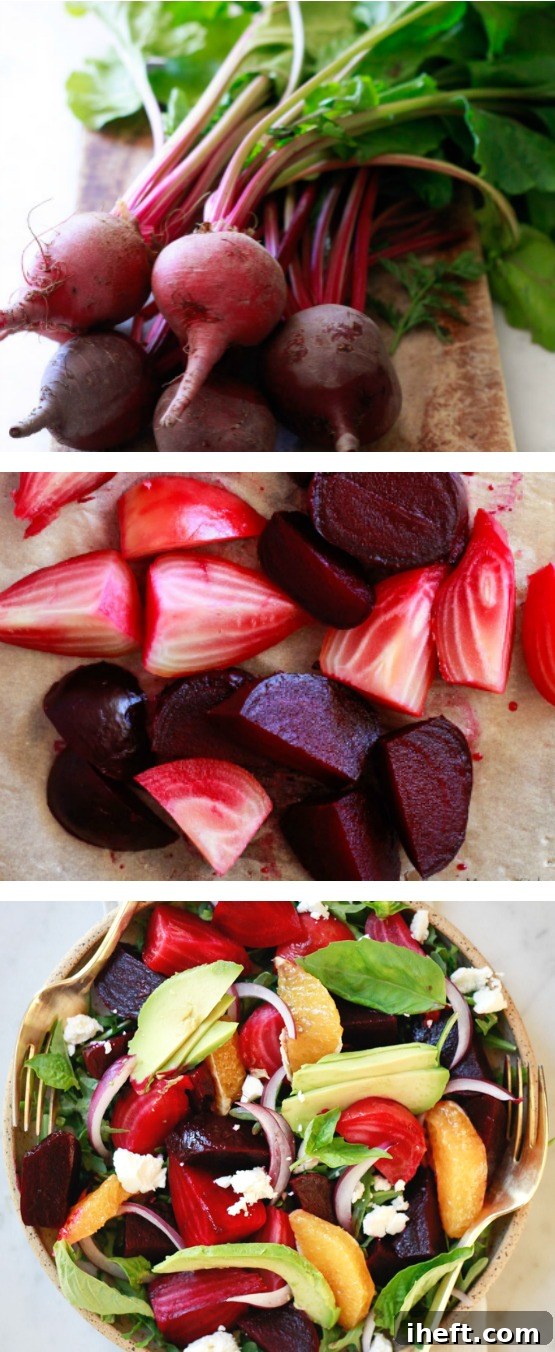 A vibrant image demonstrating how to roast beets without foil in a Dutch oven. This method yields the sweetest, juiciest roasted beet roots, perfect for salads with avocado, citrus, and basil, or simply drizzled with balsamic.