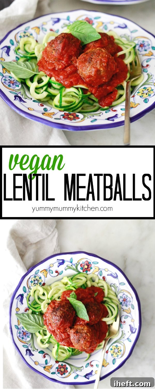 Baked vegetarian and vegan "meatballs" made with lentils and mushrooms are packed with traditional Italian flavors. These meatless meatballs are perfect on top of zucchini noodles.