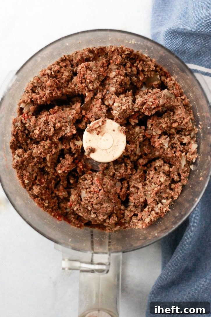 Vegan meatball mixture blended in a food processor before making balls and baking in the oven. 
