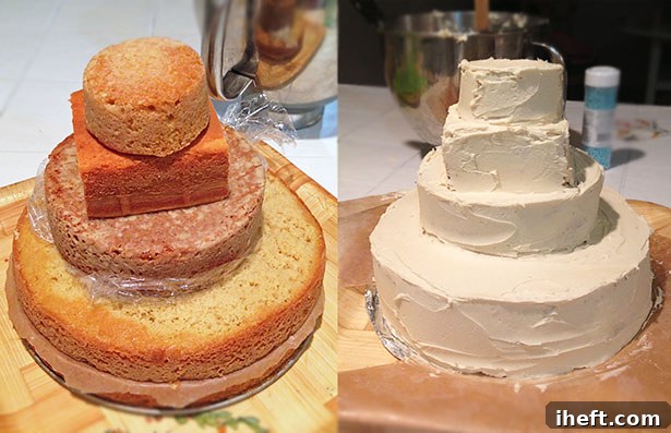 Close-up of leveled cake layers and an offset spatula, essential tools for sandcastle cake assembly.