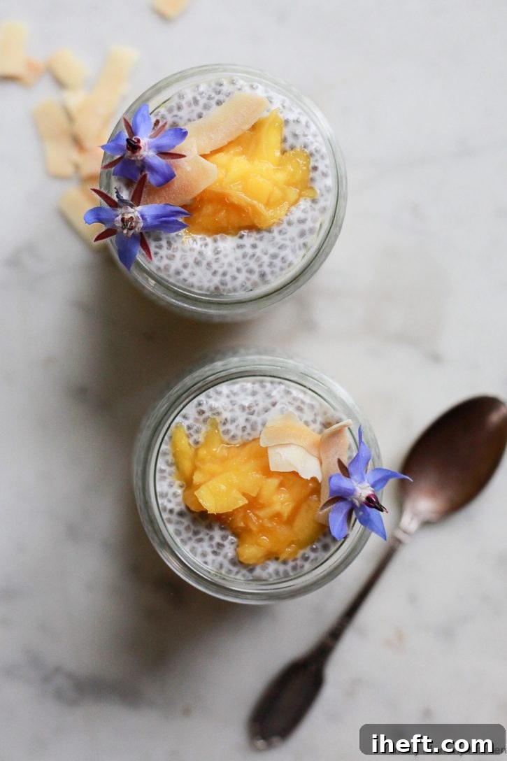An overhead view of two glass jars filled with creamy coconut milk chia pudding. Each jar is artfully topped with vibrant mango puree, delicate coconut flakes, and a scattering of purple borage edible flowers, showcasing the beautiful presentation.